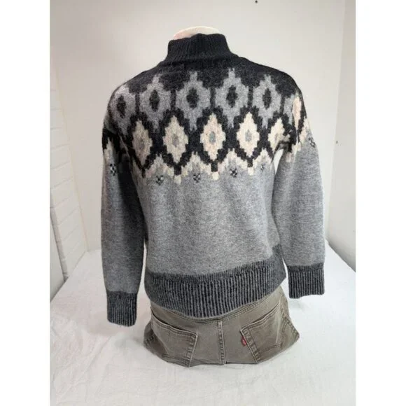 MONROW Mock Neck Fair Isle Sweater small Black White Gray Wool Alpaca Blend S13 - Picture 2 of 7
